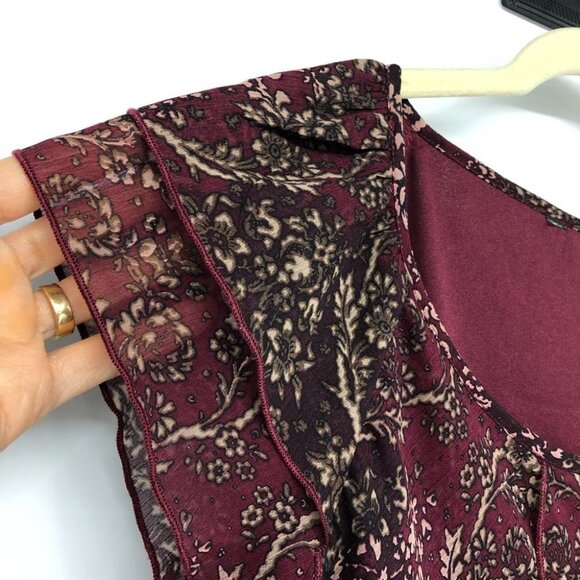 Burgundy Floral Chiffon flowy tunic scoop neck Short Sleeve Blouse size ~M - Picture 11 of 14